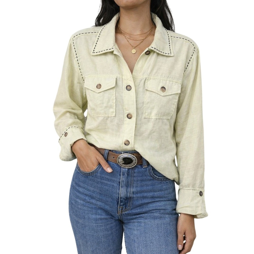 TASHA POLIZZI 100% Linen Western Button Shirt Jacket Ranchwear Green Size M